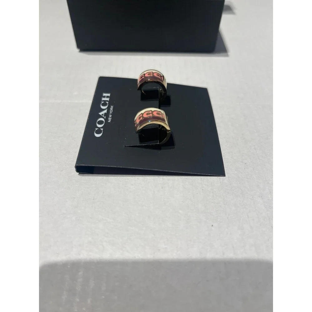 Coach Signature C Huggie Earrings - Pink, Burgundy New - Picture 5 of 5